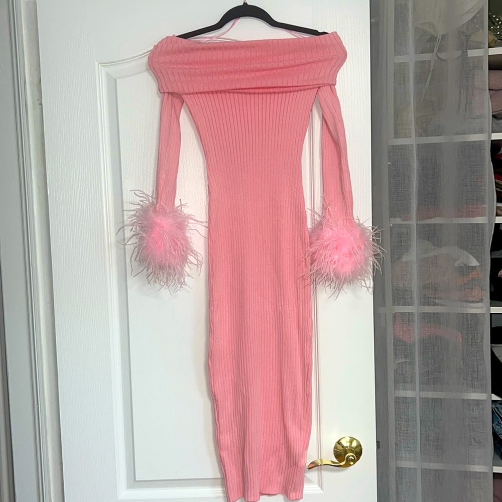 Pink longsleve bodycon midi ribbed dress
